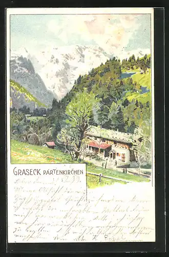 Lithographie Partenkirchen, Hotel Graseck aus der Vogelschau