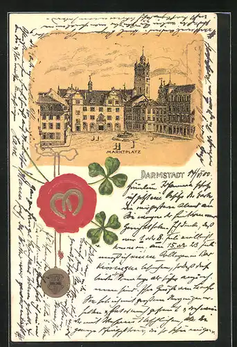 Lithographie Darmstadt, Marktplatz, Hufeisen und Kleeblatt