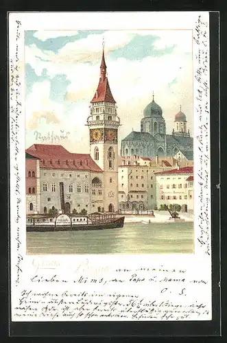 Lithographie Passau, Ortspartie, Dampfer an der Anlegestelle