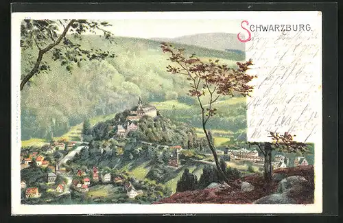 Lithographie Schwarzburg, Ortsansicht aus der Vogelschau