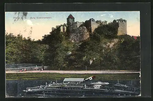 AK Halle a. S., Burg Giebichenstein, Flusspartie mit Dampfer