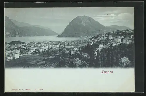 Mondschein-AK Lugano, Ortsansicht aus der Vogelschau