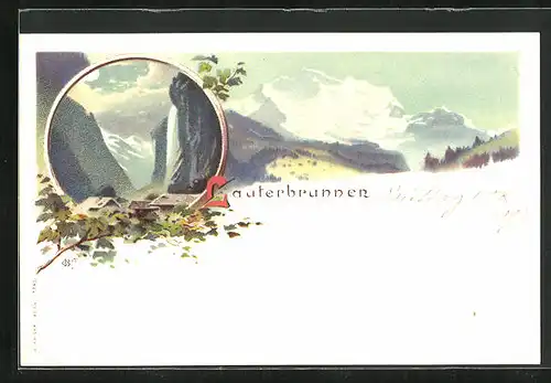 Lithographie Lauterbrunnen, Wasserfall und Gebirgspanorama