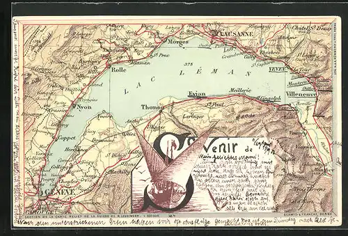 AK Genève, Landkarte mit See und anliegenden Ortschaften