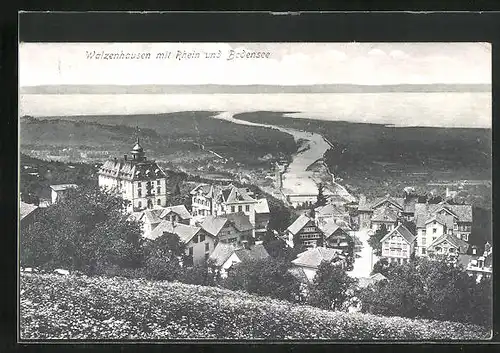 AK Walzenhausen, Ortsansicht mit Rhein und Bodensee