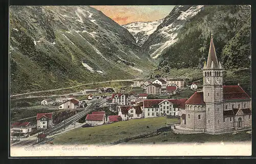 AK Göschenen, Ortsansicht und Gotthardbahn