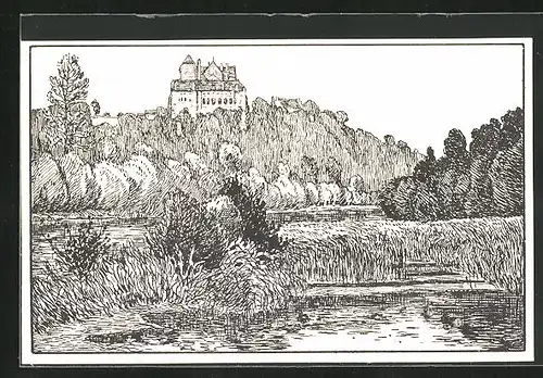 AK Wildegg, Flusspartie, Blick zur Burg