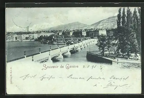 Mondschein-AK Genf, Ortspartie mit Brücke