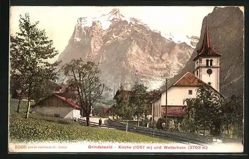 AK Grindelwald, Kirche und Blick zum Wetterhorn