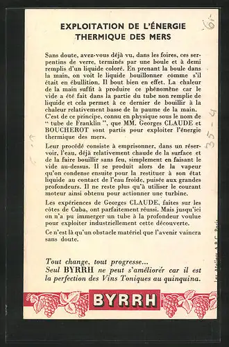 AK Reklame für Byrrh Vin Tonique, Exploitation de l`Énergie Thermique des Mers