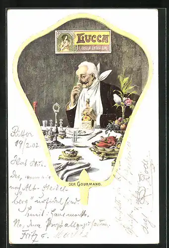 AK Reklame für Lucca Liqueur Extra Fine, Mann am Esstisch riecht an einem Likörglas
