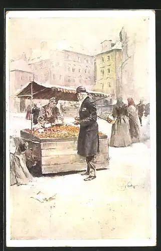 AK Kunde kauft Obst an einem Marktstand, Marktszene