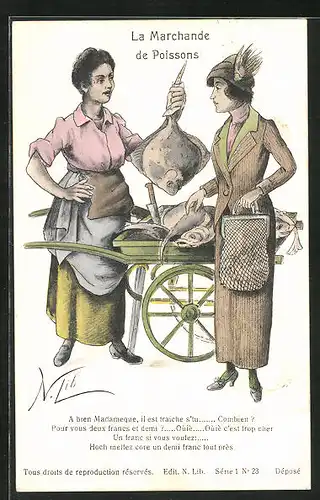 AK Frau kauft eine Scholle bei der Fischhändlerin, Marktszene