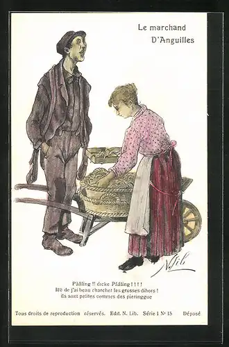 AK Frau sucht sich die besten Aale beim Händler aus, Marktszene