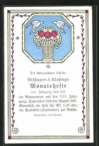 AK Bestellung eines Zeitungsabonnements für Velhagen & Klasings Monatshefte 1906 - 1907