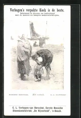 AK Mutter und Kind begrüssen den heimkehrenden Vater, Reklame für Verhagen`s verpakte Koek, Kohle