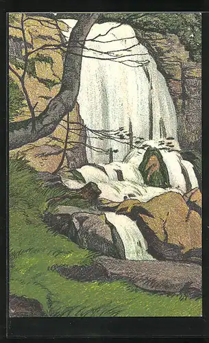 Künstler-AK Ernst E. Schlatter: Beatushöhlen, Wasserfall im Park