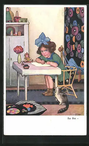 Künstler-AK St. Bender: An ihn, Mädchen schreibt einen Brief