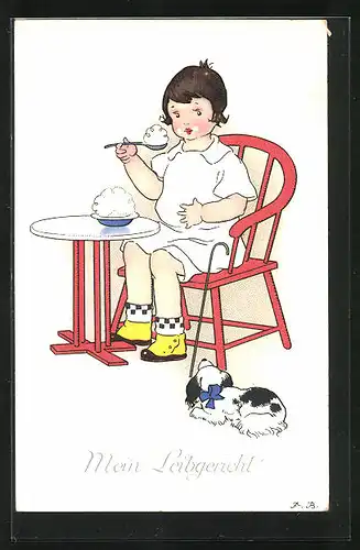 Künstler-AK Fritz Baumgarten: Mein Leibgericht, Mädchen isst Eis, Hund sitzt bettelnd vor dem Tisch