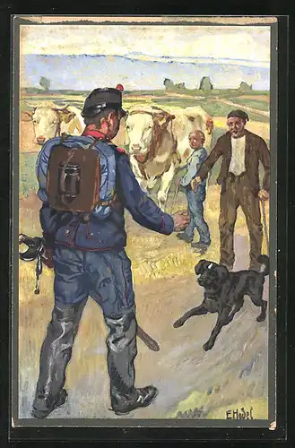 Künstler-AK sign. E. Hodel: Lueg Ätti, i wär wieder do, bis jetzt hed keine trouet z'cho, Hund begrüsst Soldaten