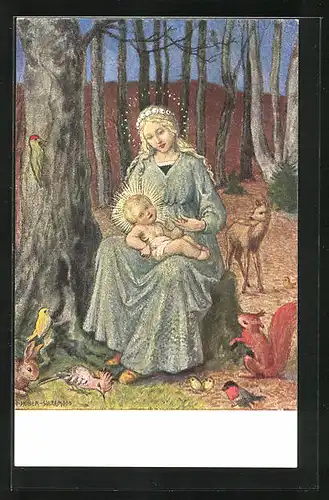Künstler-AK Hans Huber-Sulzemoos: Gnadenbild, Frau mit Kind und Waldbewohnern am Baum sitzend