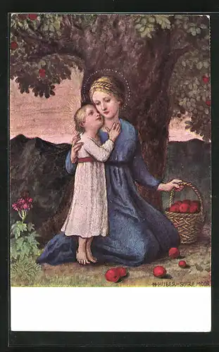 Künstler-AK Hans Huber-Sulzemoos: Gnadenbild, Frau mit Kind beim Äpfel pflücken