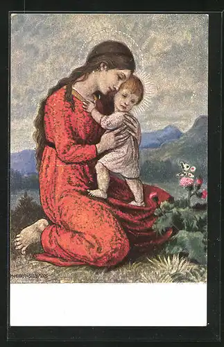 Künstler-AK Hans Huber-Sulzemoos: Gnadenbild, Mutter mit Kind auf der Blumenwiese einen Schmetterling beobachtend