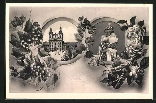 AK Uh. Hradiste, Námesti, Frau in Tracht, Beeren & Rosen