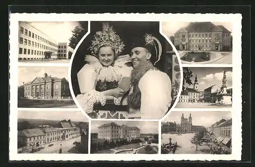 AK Uh. Hradiste, Gebäudeansichten, Paar in Tracht