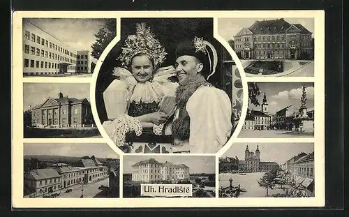 AK Uh. Hradiste, Gebäudeansichten, Paar in Tracht