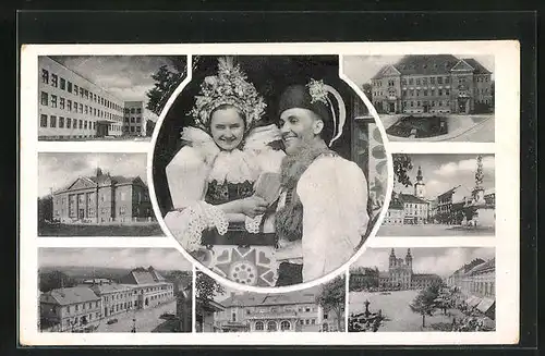 AK Uh. Hradiste, Gebäudeansichten, Paar in Tracht