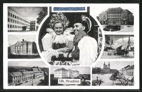 AK Uh. Hradiste, Gebäudeansichten, Paar in Tracht