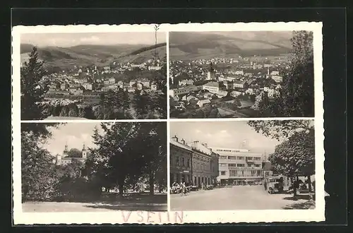 AK Vsetin, Mehrfachansichten der Stadt, auf dem Hauptplatz, Blick zu den Kirchtürmen