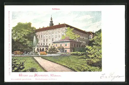Lithographie Kremsier in Mähren, Parkanlagen mit Brunnen am Schloss