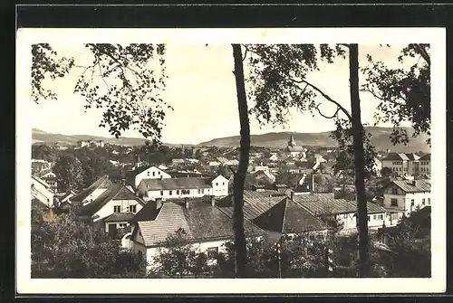 AK Valasske Mezirici, Blick vom Waldrand über die Dächer der Stadt