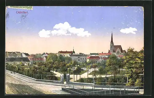 AK Oderfurt, Blick auf die Parkanlagen mit der Kirche im Hintergrund