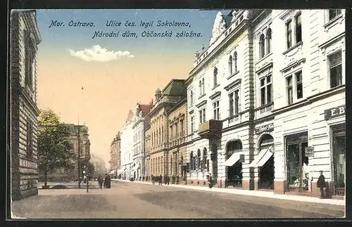 AK Mor. Ostrava, Ulice ces. legii Sokolona, Narodni dum, Obcanska zalozna
