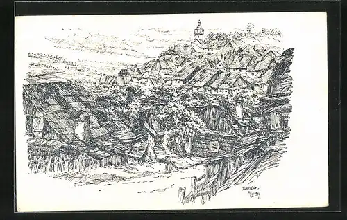 Künstler-AK Wellner: Stramberk, V pozadi dreve vez Stramvberska