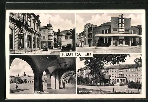 AK Neutitschein, Hotel Kaffee Heinrichshof, Platz, Städtisches Kino, Öffentliches Krankenhaus