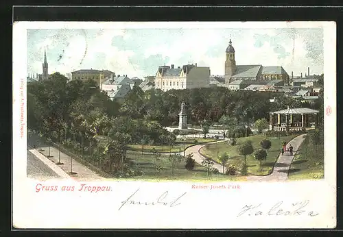 AK Troppau, Blick über den Kaiser Josefs Park zur Kirche
