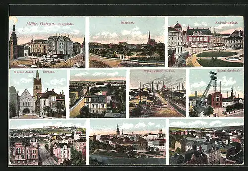 AK Mähr. Ostrau, Blick auf Oderfurt, der Ringplatz, Kaiser Josefs Strasse, Heinrichschacht, Stadttotale