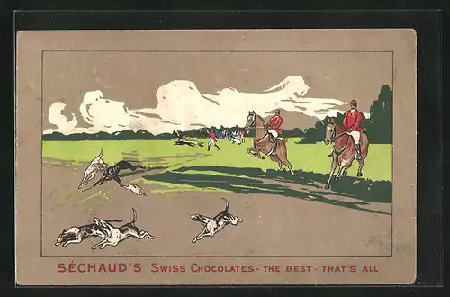 AK Séchaud's Swiss Chocolates, the Best, that's all!, Jäger mit Jagdhunden auf Beutezug