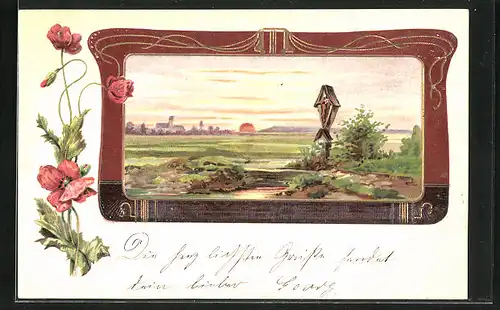 Präge-AK Landschaftsbild mit Gebetsstelle, Jugendstil