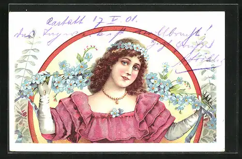 AK schönes Fräulein mit Blumenhaarband und Girlande, Jugendstil