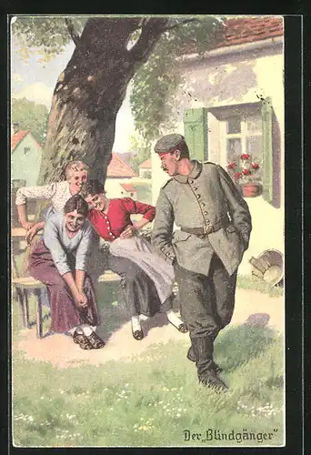Künstler-AK Arthur Thiele: der Blindgänger, drei junge Frau lachen mit einem jungen Soldaten