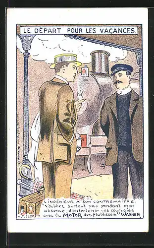 Künstler-AK ReklameMotor des Etablissements wanner, Le Depart Pour les Vacances