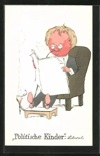 Künstler-AK Scherz, Politische Kinder, Liberal, der Mann sitzt mit Pfeife und Zeitung im Sessel