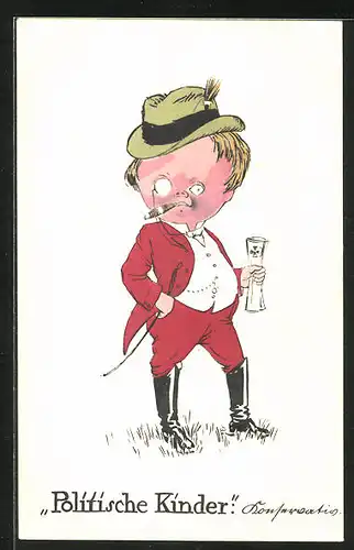 Künstler-AK Scherz, Politische Kinder, Konservativ, junger Mann im roten Anzug