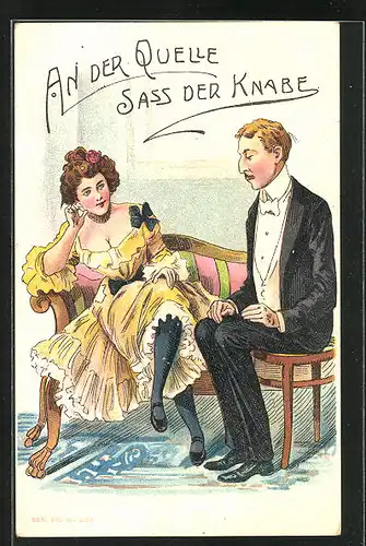 Künstler-AK Scherz, an der Quelle sass der Knabe, Mann und Frau in Abendkleidern auf dem Sofa