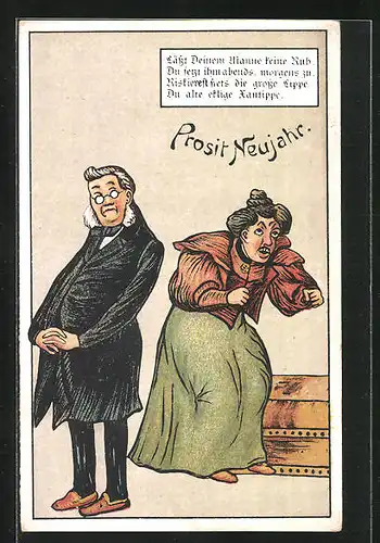 Künstler-AK frauenfeindlicher Humor, Neujahresgruss, der ruhige Mann und die tobende Frau